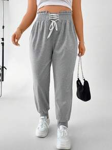 Flirla Plus Lace Up Front Paperbag Waist Joggers - Grey - View 8