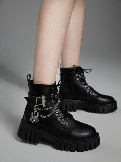 Academia Botas de moda con cordones, decoración de araña y punta redonda, zapatos de combate punk para exteriores,apropiados para festividades como Navidad, Año Nuevo y San Valentín