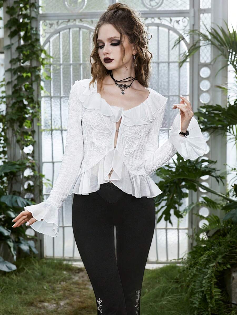 ROMWE Goth Ruffle Trim Flounce Sleeve Top - White - View 1