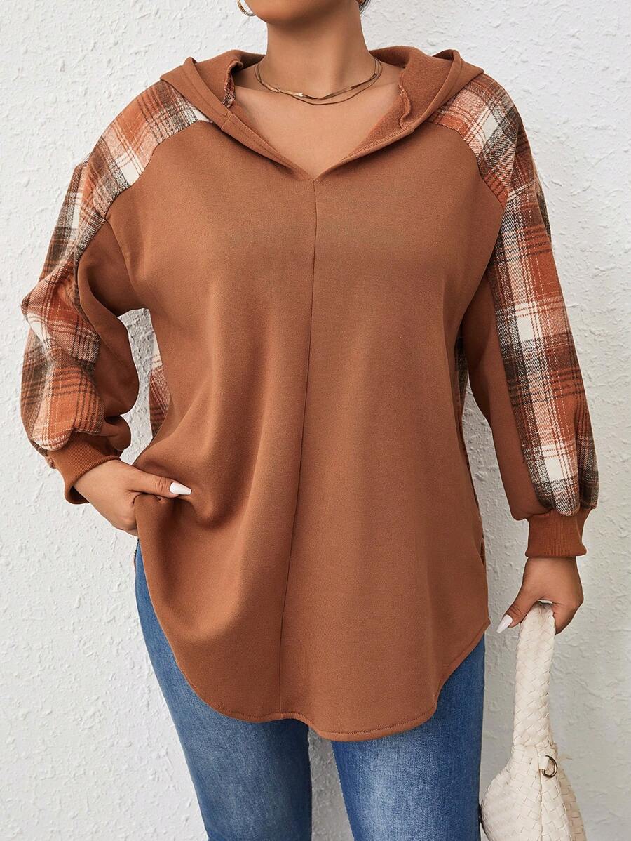 SHEIN LUNE 加大码格子印花插肩袖卫衣 - 棕色 - 查看 1