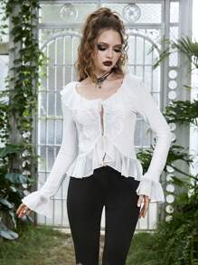 ROMWE Goth Ruffle Trim Flounce Sleeve Top - White - View 5