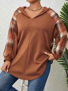 SHEIN LUNE 加大码格子印花插肩袖卫衣 - 棕色 - 查看 3