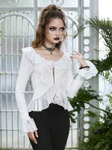 ROMWE Goth Ruffle Trim Flounce Sleeve Top - White - View 6