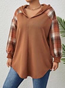 SHEIN LUNE 加大码格子印花插肩袖卫衣 - 棕色 - 查看 4