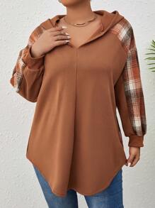 SHEIN LUNE 加大码格子印花插肩袖卫衣 - 棕色 - 查看 6