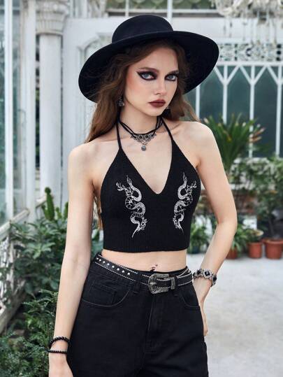 Goth Top de punto con patrón de serpiente de espalda abierta con cordón halter
