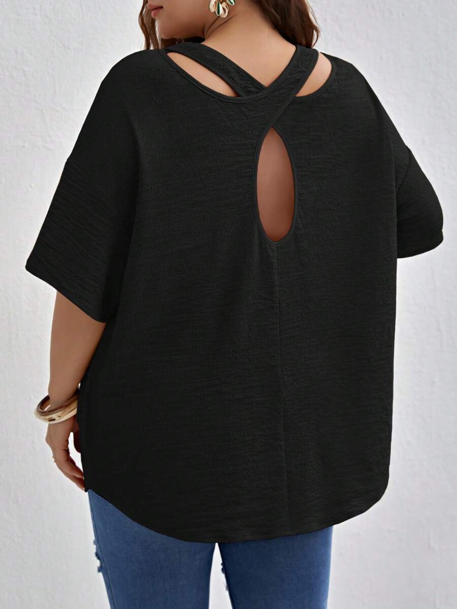 SHEIN VCAY Plus Cut Out Back Drop Shoulder Blouse - Black - View 1