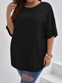 SHEIN VCAY Plus Cut Out Back Drop Shoulder Blouse - Black - View 3