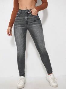 Slant Pocket Skinny Jeans - Grey - View 1