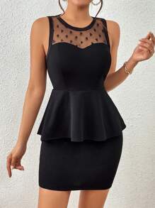 SHEIN Privé Bộ đồ hai mảnh nữ Tương phản Mesh Xù Dây kéo màu trơn Thanh lịch - màu đen - Xem 1