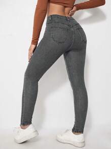 Slant Pocket Skinny Jeans - Grey - View 3