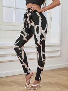 SHEIN Privé 圖案印花紙袋腰腰帶長褲 - 彩色 - 查看 4