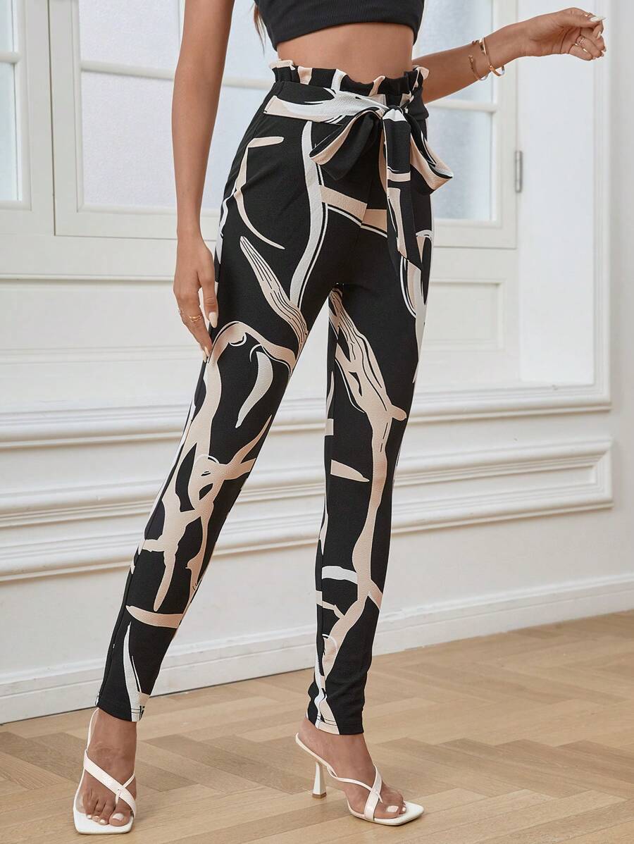 SHEIN Privé 圖案印花紙袋腰腰帶長褲 - 彩色 - 查看 1