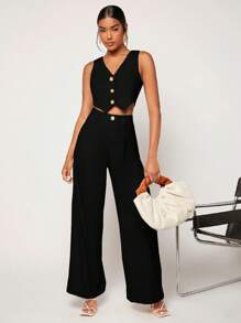 BizChic Button Front Waistcoat & Wide Leg Trousers - Black - View 4