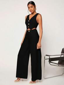 BizChic Button Front Waistcoat & Wide Leg Trousers - Black - View 5