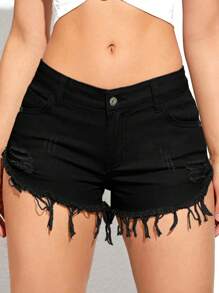 破洞毛邊牛仔短褲 - 黑色 - 查看 1