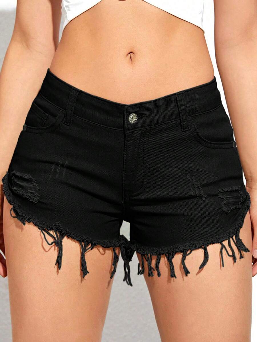 破洞毛邊牛仔短褲 - 黑色 - 查看 1