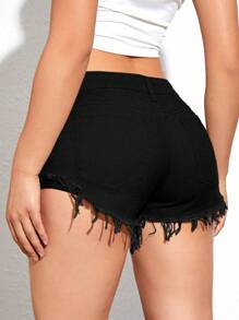 破洞毛邊牛仔短褲 - 黑色 - 查看 3