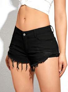 破洞毛邊牛仔短褲 - 黑色 - 查看 6