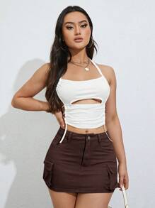 側翻蓋口袋工裝牛仔半身裙 - 巧克力棕 - 查看 2