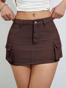 側翻蓋口袋工裝牛仔半身裙 - 巧克力棕 - 查看 4