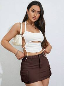 側翻蓋口袋工裝牛仔半身裙 - 巧克力棕 - 查看 5