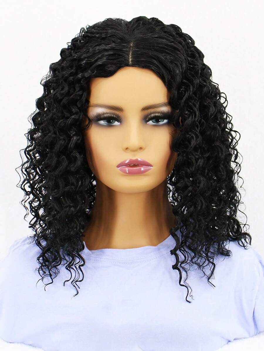 Peluca sintética medio rizado - Negro - Ver 1