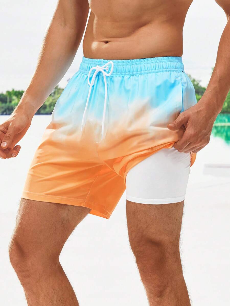Manfinity KASUA Men Ombre Drawstring Waist Patched Detail Split Hem Swim Trunks - Multicolor - View 1