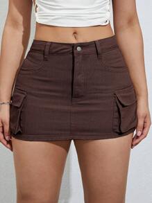 側翻蓋口袋工裝牛仔半身裙 - 巧克力棕 - 查看 6
