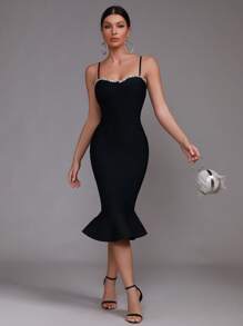 Rochie sexy de sirenă, fără mâneci, cu model bandaj cu strasuri, rochie de ocazie formală pentru nuntă, petrecere, evenimente