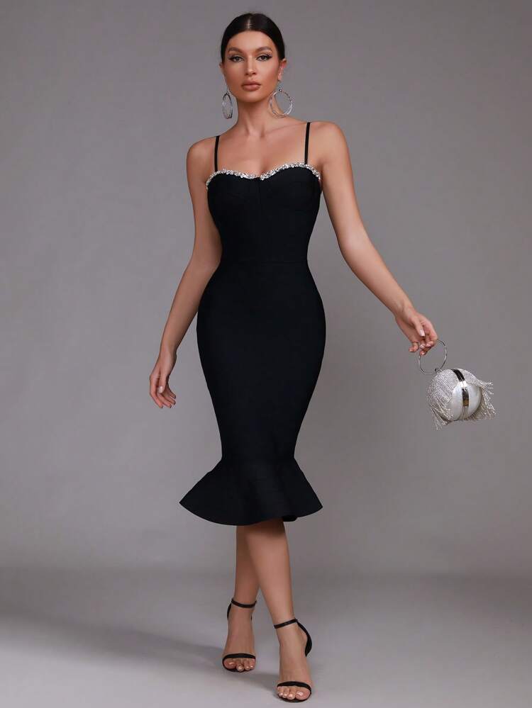 Sexy Camisole Sleeveless Diamond Studded Bandage Fishtail Dress For Wedding Guests, Holiday Parties, Ladies' Formal Dinner Dresses, Birthday Parties Party Dresses