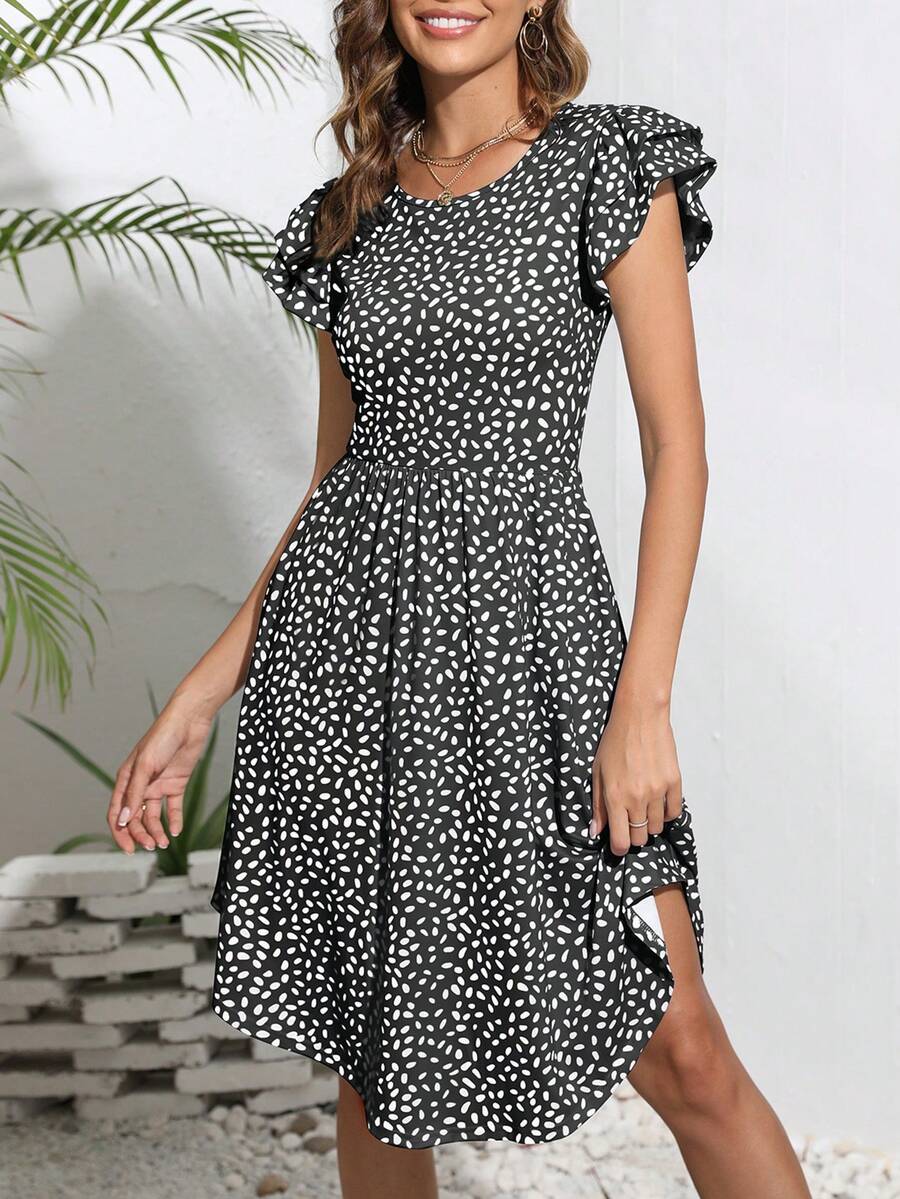 Allover Print Butterfly Sleeve Dress - Black - View 1