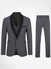 CLOUDSTYLE Men Colourblock Flap Detail Blazer & Vest & Trousers Suit Set - Dark Grey - View 1