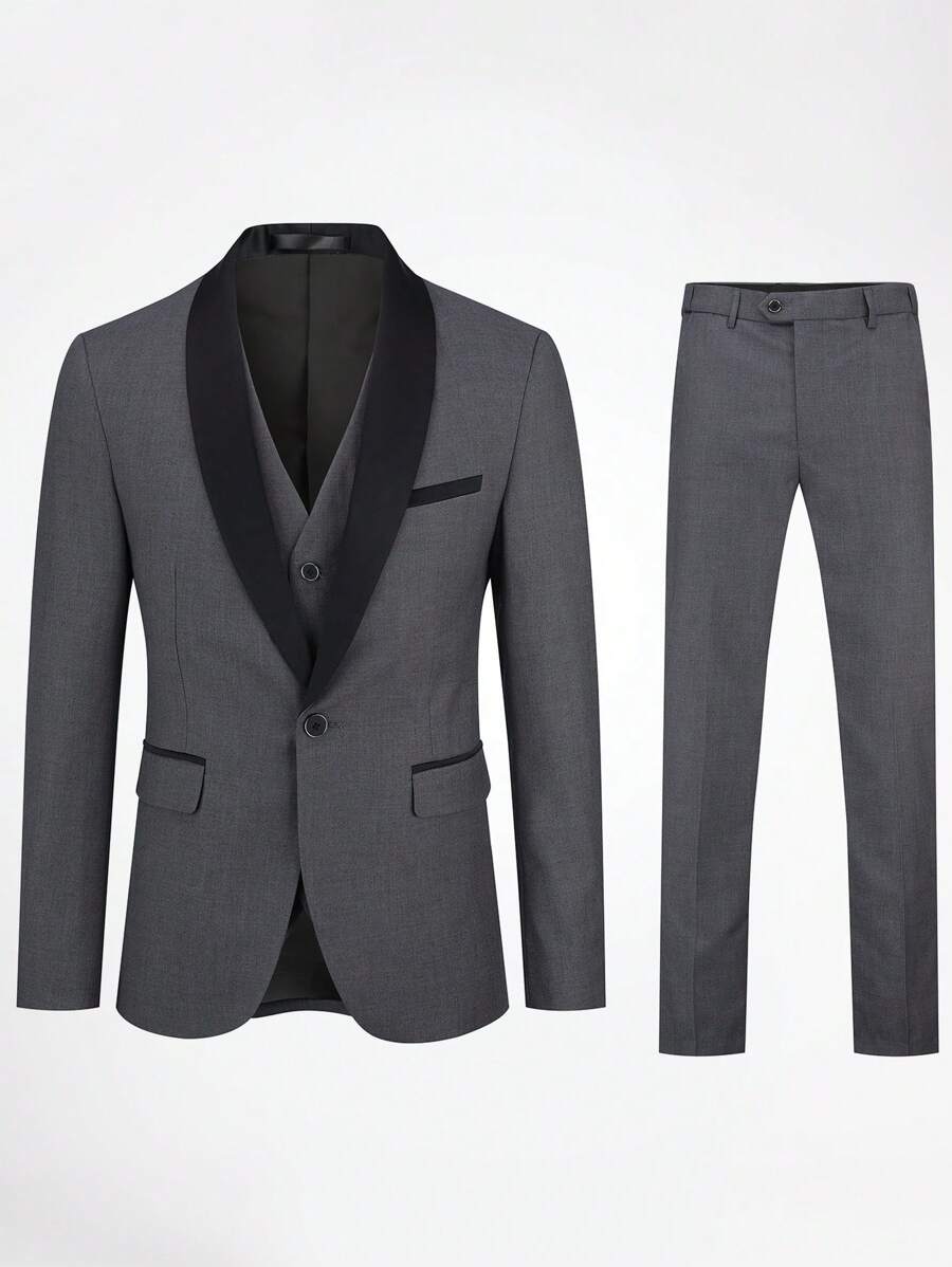 CLOUDSTYLE Men Colourblock Flap Detail Blazer & Vest & Trousers Suit Set - Dark Grey - View 1