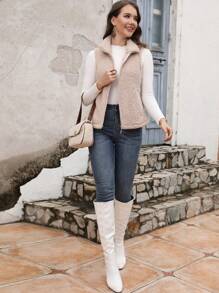 RELISH NOLESS 女士休闲基本款泰迪毛皮无袖夹克背心，秋冬