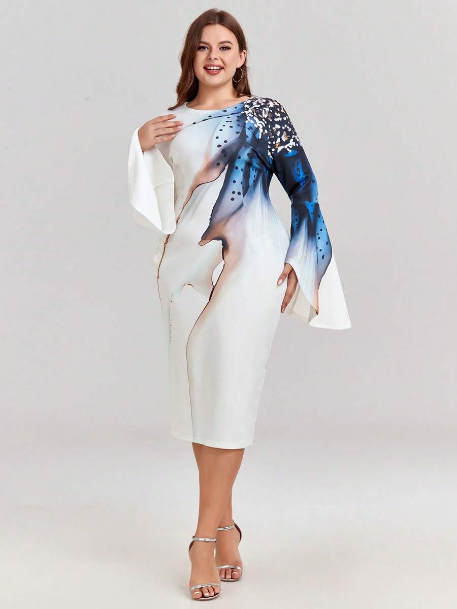 Vestido ajustado manga de campana con abertura trasera