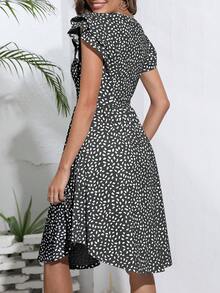 Allover Print Butterfly Sleeve Dress - Black - View 2