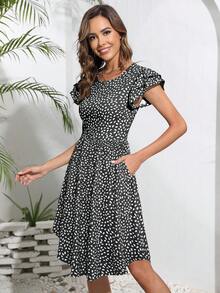 Allover Print Butterfly Sleeve Dress - Black - View 3