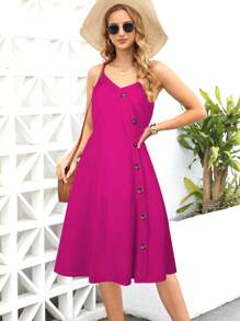 Robe À Fines Brides À Bouton - Rose vif - Voir 1