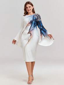 Vestido ajustado manga de campana con abertura trasera
