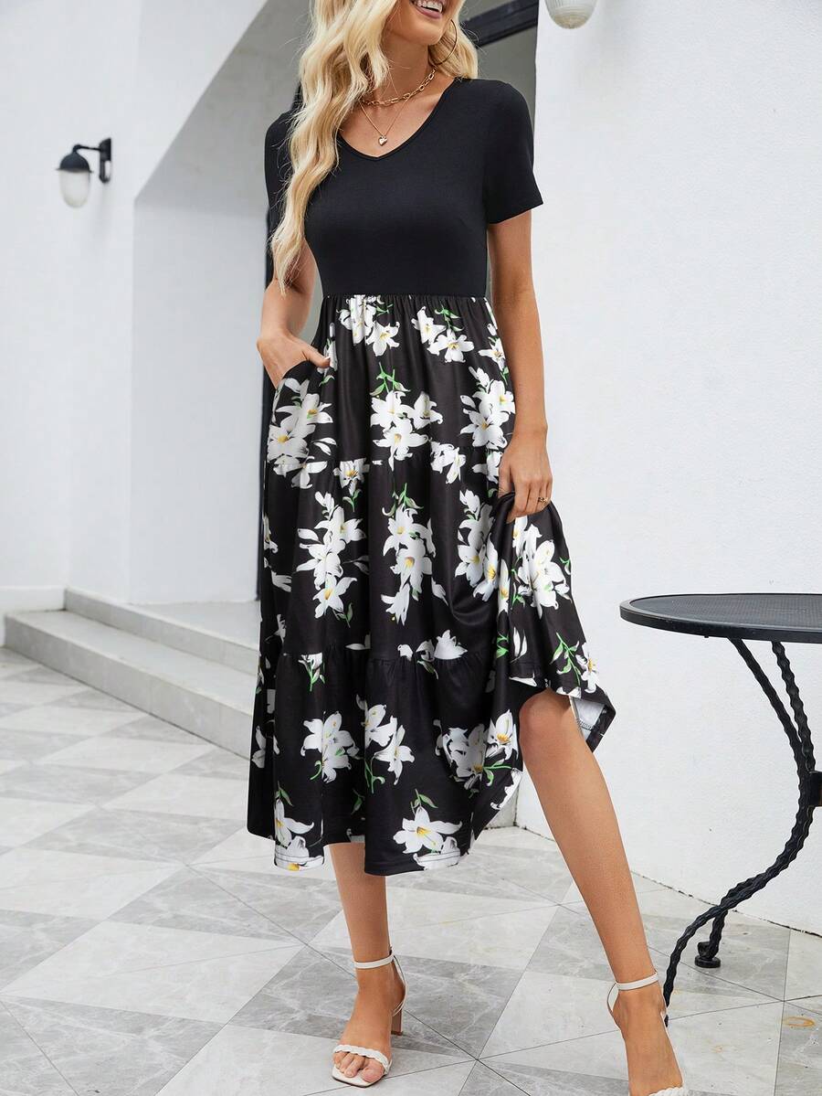 Floral Print Slant Pocket Dress - Black - View 1