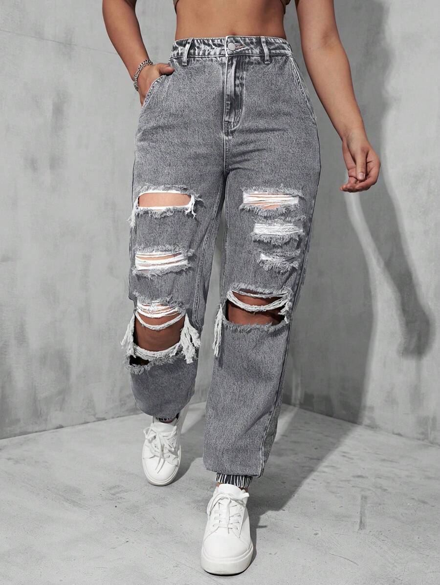 Ripped Jogger Jeans - Grey - View 1