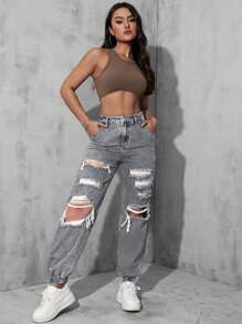 Ripped Jogger Jeans - Grey - View 2