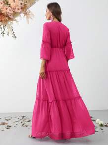 圓點交疊領荷葉袖荷葉邊洋裝 - 玫紅色 - 查看 2