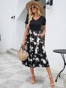Floral Print Slant Pocket Dress - Black - View 3