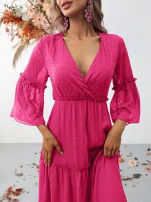 圓點交疊領荷葉袖荷葉邊洋裝 - 玫紅色 - 查看 4