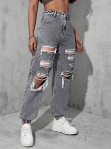 Ripped Jogger Jeans - Grey - View 4