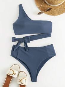 SHEIN Swim Bộ Bikini Một Nút Thắt Phía Trước Đi Biển Mùa Hè - Màu xanh hải quân - Xem 1