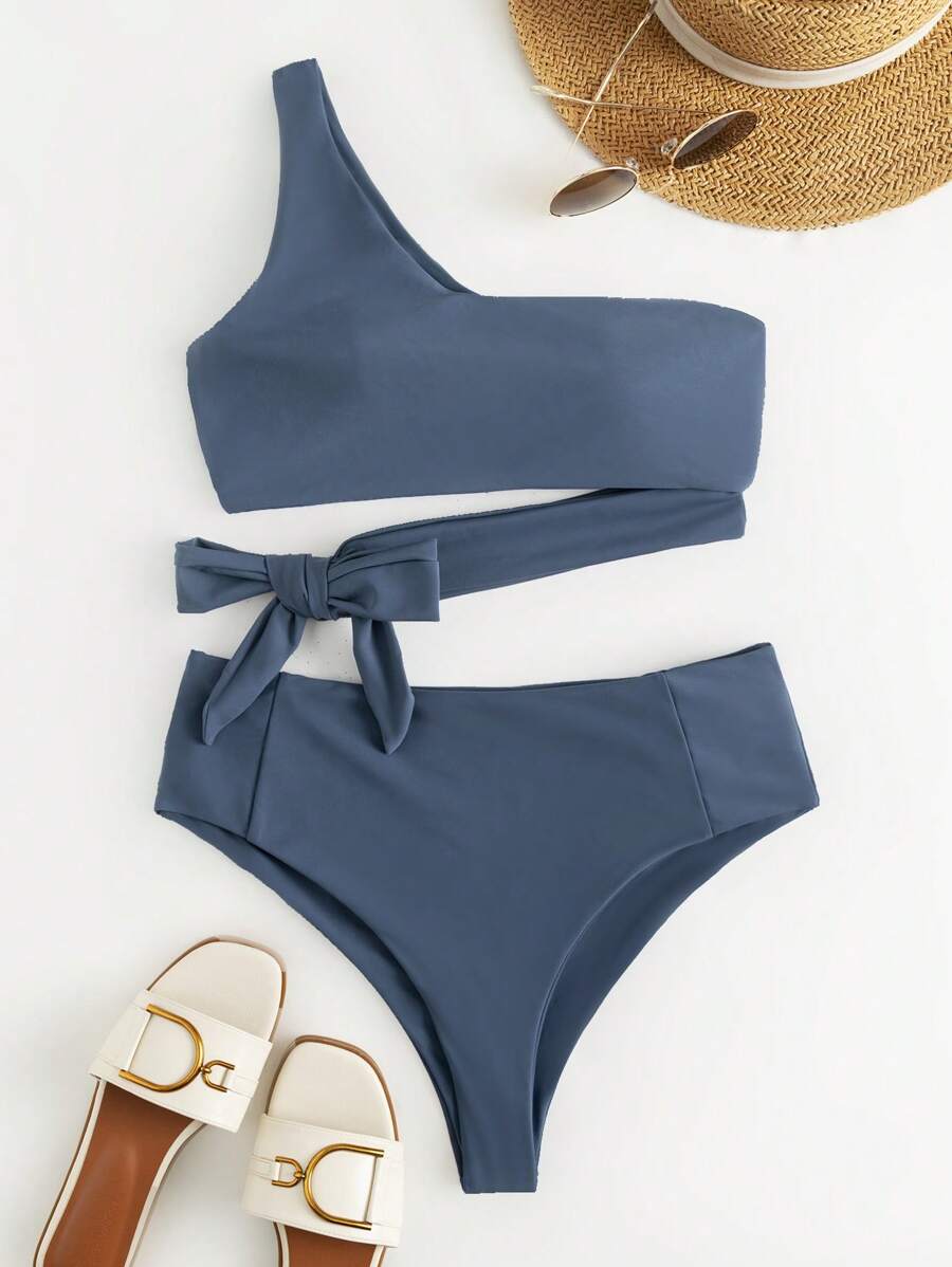 SHEIN Swim Bộ Bikini Một Nút Thắt Phía Trước Đi Biển Mùa Hè - Màu xanh hải quân - Xem 1