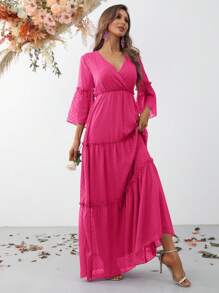 圓點交疊領荷葉袖荷葉邊洋裝 - 玫紅色 - 查看 5